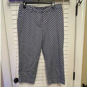 Rafaella Flat Front Casual Cropped Pants Navy White Print Women's Size 8